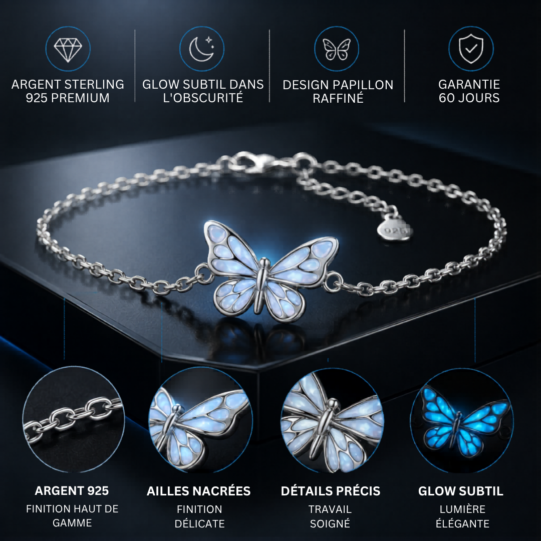 Papillae — Bracelet papillon argent 925 lumineux dans le noir